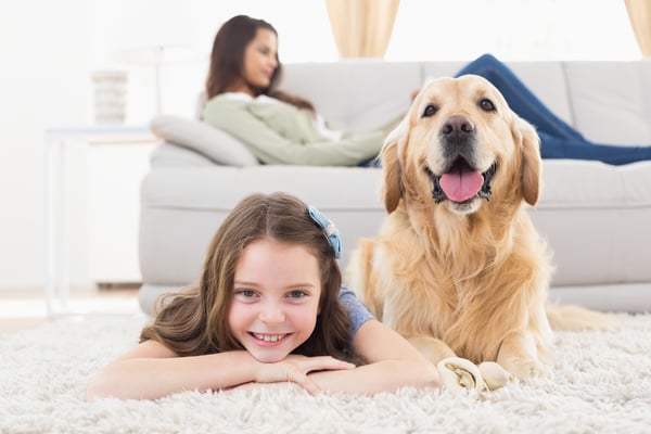 Portrait of happy girl with dog lying on rug while mother relaxing at home
